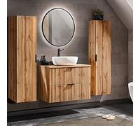Lomadox Set completo di mobili da bagno in legno con effetto scanalato, specchio a LED e lavabo con vasca in ceramica, 2 armadi alti