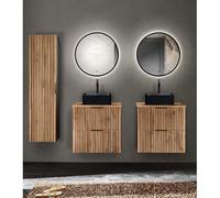 Lomadox Set da bagno 5 pezzi con scanalature, frontale 2 lavabi con mobiletto da 60 cm, in ceramica, con specchio rotondo, illuminazione antracite, colore rovere Nb. nero