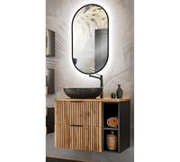 Lomadox Set di lavanderia da bagno con lavabo e specchio LED in antracite con rovere nero scanalato, larghezza x altezza x profondità: ca. 80,6 x 200 x 46,5 cm