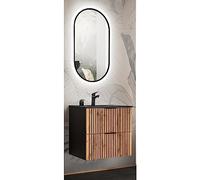 Lomadox Set di mobili da bagno, 2 pezzi, lavabo per ospiti, 61 cm, con lavabo in ceramica, colore nero, specchio LED antracite, con rovere