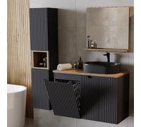 Lomadox Set di mobili da bagno 3 pezzi, nero con quercia, frontale scanalato, da appendere a parete, lavandino 90 cm, cestino per biancheria integrato
