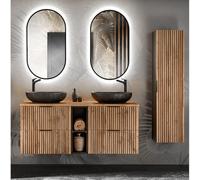 Lomadox Set di mobili da bagno, 4 pezzi, lavabo, 141 cm, con ripiano, 2 lavabo, 1 mobile alto, 2 specchi a LED, colore antracite con quercia, con scanalature, colore nero