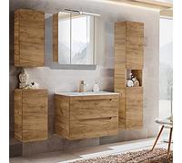 Lomadox Set di Mobili da Bagno Accessori Completo con Lavabo 81 cm e Specchio LED, Mobiletto, Rovere Wotan Nb. Decorazione, 180x200x46 cm