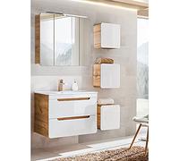 Lomadox Set di mobili da bagno, bianco lucido, con mobile da bagno, con lavabo in ceramica da 80 cm, con specchio a LED, 3 pensili