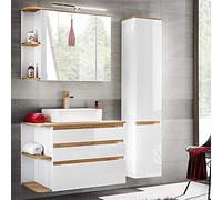 Lomadox Set di mobili da bagno bianco lucido con rovere, lavabo con lavabo in ceramica, armadio a specchio a LED e armadio alto