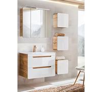 Lomadox Set di mobili da bagno bianco lucido con rovere Wotan Nb., mobiletto sottolavabo con lavabo in ceramica da 81 cm, armadietto a specchio LED, 3 pensili
