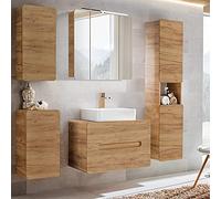 Lomadox Set di mobili da bagno con lavabo da 80 cm e armadietto a specchio a LED, in legno di quercia, armadio alto, 180 x 200 x 46 cm