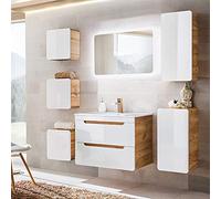 Lomadox Set di mobili da bagno con lavabo da 80 cm e specchio a LED, bianco lucido, con bordo in legno di votano, ca. 180 x 200 x 46 cm