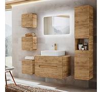 Lomadox Set di mobili da bagno con lavabo da 80 cm e specchio a LED, rovere Wotan, armadio alto, 3 pensili, larghezza x altezza ca. 180/200/46 cm