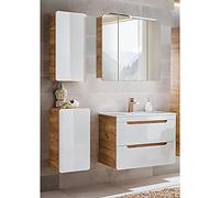 Lomadox Set di mobili da bagno con lavabo da 81 cm e specchio a LED, bianco lucido, con rovere Wotan, armadietto pensile, mobiletto