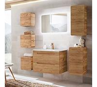 Lomadox Set di mobili da bagno con lavabo da 81 cm e specchio a LED, rovere Wotan, pensili, larghezza x altezza x profondità ca. 180/200/46 cm
