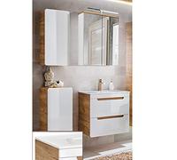 Lomadox - Set di mobili da bagno con lavabo in ceramica bianco lucido con pannelli in quercia, 60 cm, con mobiletto, specchio a LED, mobiletto da incasso e pensile
