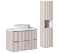 Lomadox Set di mobili da bagno da 2 pezzi con lavabo da 80 cm e armadietto alto con ripiano, cashmere e bianco, parte anteriore scanalata