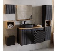 Lomadox Set di mobili da bagno da 6 pezzi, nero con quercia, parte anteriore scanalata, da appendere alla parete, 90 cm, biancheria integrata