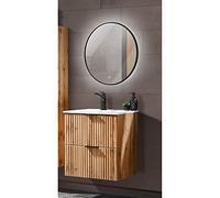 Lomadox Set di mobili da bagno, effetto legno scanalato, 60 cm, lavabo con mobiletto, lavabo in ceramica, specchio LED, 61/200/46 cm (larghezza x altezza x profondità)