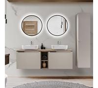 Lomadox Set di mobili da bagno in aupe con rovere vintage, 140 cm, doppio lavabo con mobiletto, 2 lavandini in ceramica, scaffale, specchio a LED, armadio alto