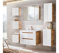 Lomadox Set di mobili da bagno in bianco lucido con rovere wotaneo, 80 cm, con lavabo in ceramica, specchio a LED, 3 pensili