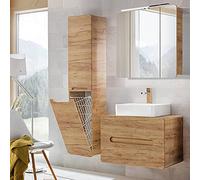 Lomadox Set di mobili da bagno in rovere e ceramica con mobiletto, armadietto a specchio a LED, con cesto portabiancheria