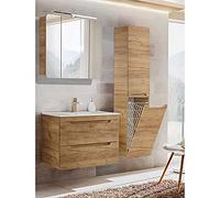 Lomadox Set di mobili da bagno, in rovere e ceramica, con mobiletto da 80 cm, con specchio a LED, armadio alto con cesto portabiancheria