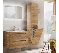 Lomadox Set di mobili da bagno in rovere e ceramica con mobiletto da 80 cm, specchio a LED, armadio alto con cesto portabiancheria
