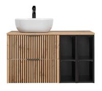 Lomadox Set lavabo da bagno, 100 cm, con ripiani, nero scanalato, lavabo, in rovere Wotan, Nb B/H/P 100,6/73,7/46,5 cm