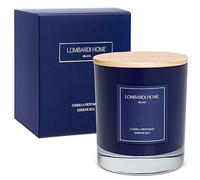 Lombardi Home - Candela profumata al tè bianco in vetro blu navy con coperchio in legno inciso, candela profumata vegana ed ecologica con cera di soia, regalo grande candela decorativa