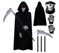 lomdung Ostume da Mietitore, Mantello con Cappuccio Lungo per Costume Halloween con Falce, Maschera, Guanti, Costume Halloween Morte per Decorazioni Cosplay Carnevale Feste