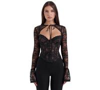 Lomeuuu Top Skinny in Pizzo Nero con Chiusura Frontale A Zip, Maniche Lunghe E Svasate, Include Lische di Pesce, Taglie S-L (Black,M)