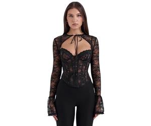 Lomeuuu Top Skinny in Pizzo Nero con Chiusura Frontale A Zip, Maniche Lunghe E Svasate, Include Lische di Pesce, Taglie S-L (Black,M)