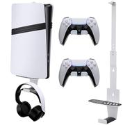 Lomffy Supporto da Parete per PS5, Staffa da Parete per PS5/PS5 Slim/PS5 Pro Staffa per Montaggio a Parete per PS5/PS5 Slim/PS5 Pro in Acciaio con Gancio per Cuffie, 2 Supporti per Controller