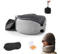 lomonmen Cuscino da Viaggio,Cuscino Collo Memory Foam,RegolabileCuscino da Viaggio Aereo con Cappuccio,Inclusa Maschera per Dormir,Tappi Auricolari,Borsa per Trasporto