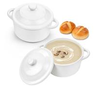LOMTOM - Set di 4 piccole casseruole con coperchio, 250 ml, in ceramica bianca, per crème brûlée, zuppe con manici, ciotole da portata per soufflé, farina d'avena, zuppe, stufati, utilizzabili in