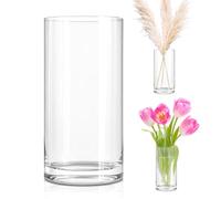 LOMUG Vaso in vetro cilindrico, 25 cm, alto e trasparente, rotondo, sottile, trasparente, moderno, decorazione da tavolo, matrimoni, compleanni, feste, vasi cilindrici per erba della pampa, tulipani