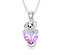 LONAGO Collana per Cani Argento 925 Carino Cane Che Tiene il Cuore Cristallo Pendente Collana per Donna (Viola)