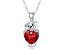 LONAGO Collana per Cani Argento 925 Carino Cane Che Tiene il Cuore Cristallo Pendente Collana per Donna (Rosso)