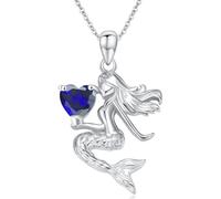 LONAGO Collana Sirena per Donna 925 Sterline D'argento Sirena che Tiene il Taglio del Cuore Pietra Portafortuna Pendente Collana (Settembre)