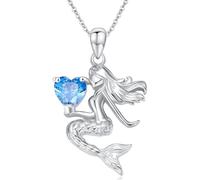 LONAGO Collana Sirena per Donna 925 Sterline D'argento Sirena che Tiene il Taglio del Cuore Pietra Portafortuna Pendente Collana (Marzo)