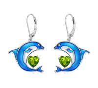 LONAGO Orecchini a Forma di Delfino per Donna Argento Sterling 925 Delfino Blu con Pietra Portafortuna Pendenti Orecchini （Agosto）