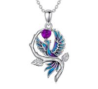 LONAGO Phoenix Collana 925 Argento Sterling Blu Fenice con Pietra Natale del Cuore Pendente Collana per Donna (Febbraio)