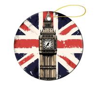 London Big Ben Union Jack Vintage UK Flag Christmas Tree Hanging Pendant Round Ceramic Christmas Ornaments for Home Party Decor 4 Pcs