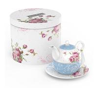 London Boutique, Set con teiera con tazza e piattino per una persona, in porcellana fine Bone China, vintage, con motivo floreale, adatto come regalo per donne, 350 ml (blu)