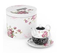 London Boutique, Set con teiera con tazza e piattino per una persona per il tè pomeridiano, in porcellana fine Bone China, vintage, con motivo floreale, adatto come regalo per donne, 350 ml (nero)