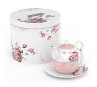 London Boutique, Set con teiera con tazza e piattino per una persona per il tè pomeridiano, in porcellana fine Bone China, vintage, con motivo floreale, adatto come regalo per donne, 350 ml (rosa)