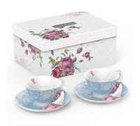 London Boutique Set di 2 Tazze piattino per tè pomeridiano, Confezione Regalo Vintage Flora, 200 m (Blu), Porcellana, 7 cm