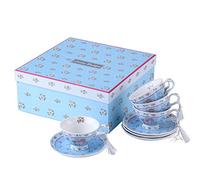 London Boutique, Set di 4 Tazze e piattini in Porcellana, Stile Shabby Chic, Vintage, con Uccellini e Farfalle, in Confezione Regalo, Colore: Blu