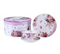 London Boutique tè del pomeriggio set 3 caffè tazza da tè e piattino da dessert in stile shabby chic vintage in porcellana, confezione regalo, Ceramica, Bird Rose Butterfly, 11x8cm
