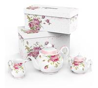 London Boutique Teiera grande con lattiera e zuccheriera, set da tè pomeridiano, in porcellana Bone China, stile vintage, confezione regalo da 1300 ml (set intero)