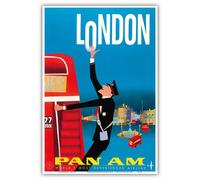 Londra, Inghilterra - Autobus a due piani Bovril e Schweppe - Pan American World Airways - Poster di viaggio aereo d'epoca di Aaron Fine c.1950