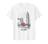 Londra, Inghilterra, giorno piovoso, grande, ponte, rosso, autobus, schizzo Maglietta