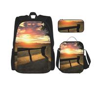 Lonely Bench - Set di 3 zaini con stampa tramonto per computer portatile, leggero, con borsa per il pranzo e astuccio
